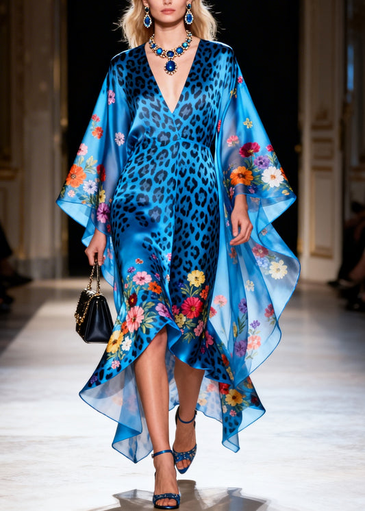 Style Blue Print Asymmetrical Design Silk Vacation Dresses Summer