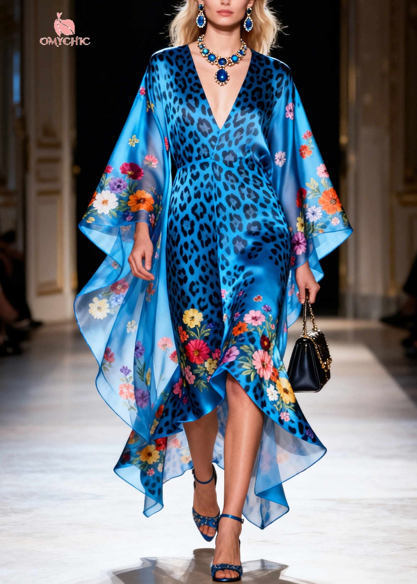 Style Blue Print Asymmetrical Design Silk Vacation Dresses Summer