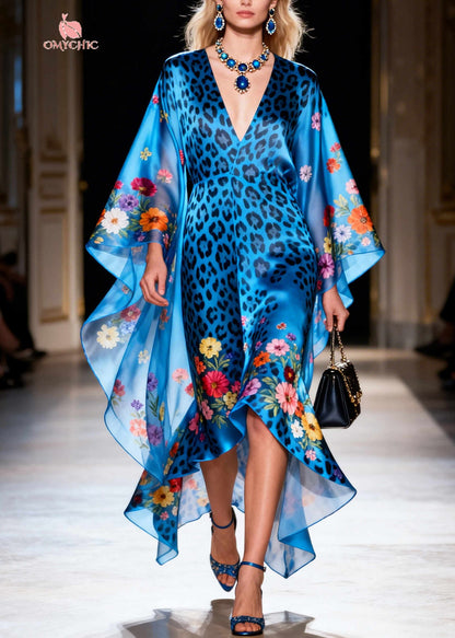 Style Blue Print Asymmetrical Design Silk Vacation Dresses Summer