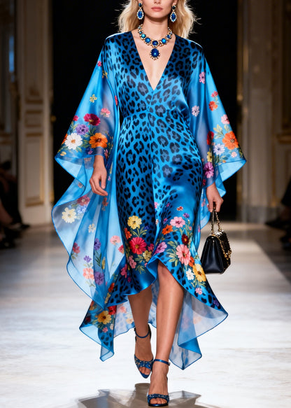 Style Blue Print Asymmetrical Design Silk Vacation Dresses Summer