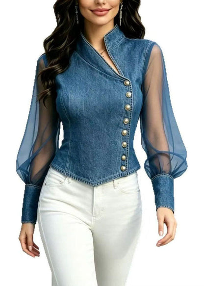 Style Blue Stand Collar Tulle Patchwork Denim Blouse Top Summer