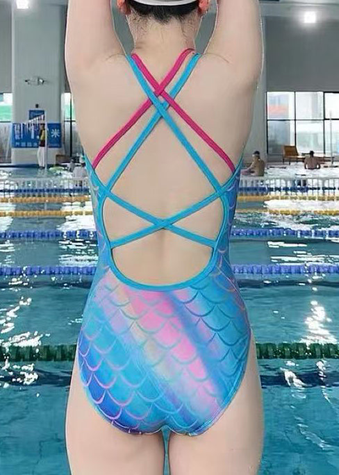 Style Blue Tie Dye Backless Swimwear Bodysuit Tops