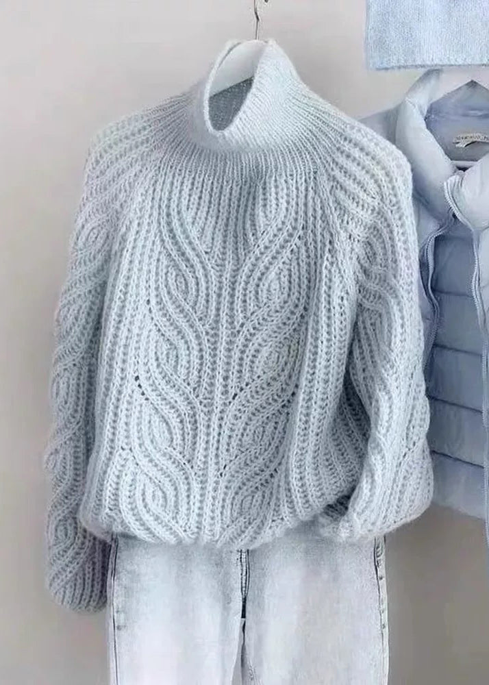 Style Blue Turtleneck Cozy Cotton Knit Cable Knit Sweaters Lantern Sleeve