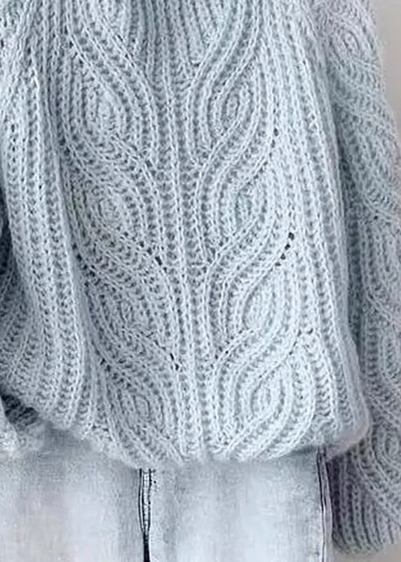 Style Blue Turtleneck Cozy Cotton Knit Cable Knit Sweaters Lantern Sleeve