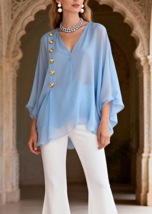 Style Blue V Neck Top And White Pants Silk Women Sets 2 Pieces Summer