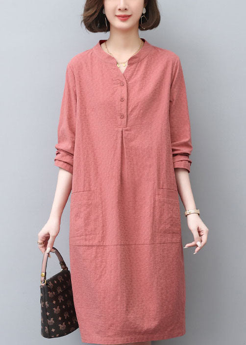 Style Brick Red Pockets Cotton Tea Dress Spring