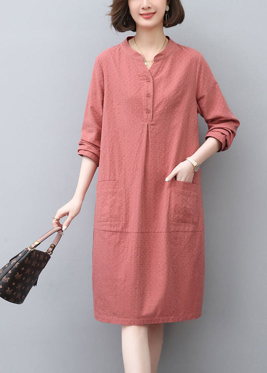 Style Brick Red Pockets Cotton Tea Dress Spring