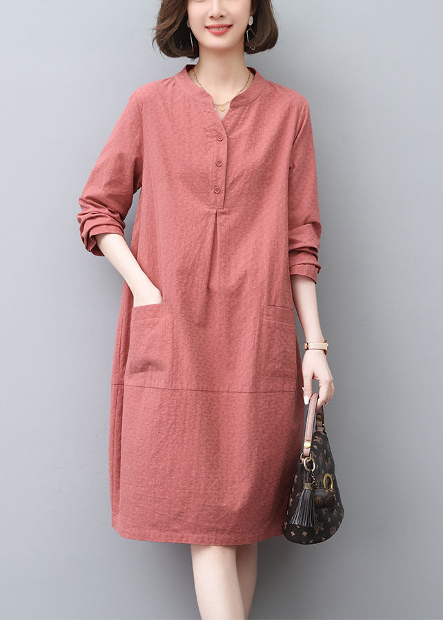 Style Brick Red Pockets Cotton Tea Dress Spring