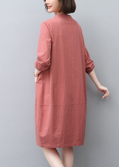 Style Brick Red Pockets Cotton Tea Dress Spring