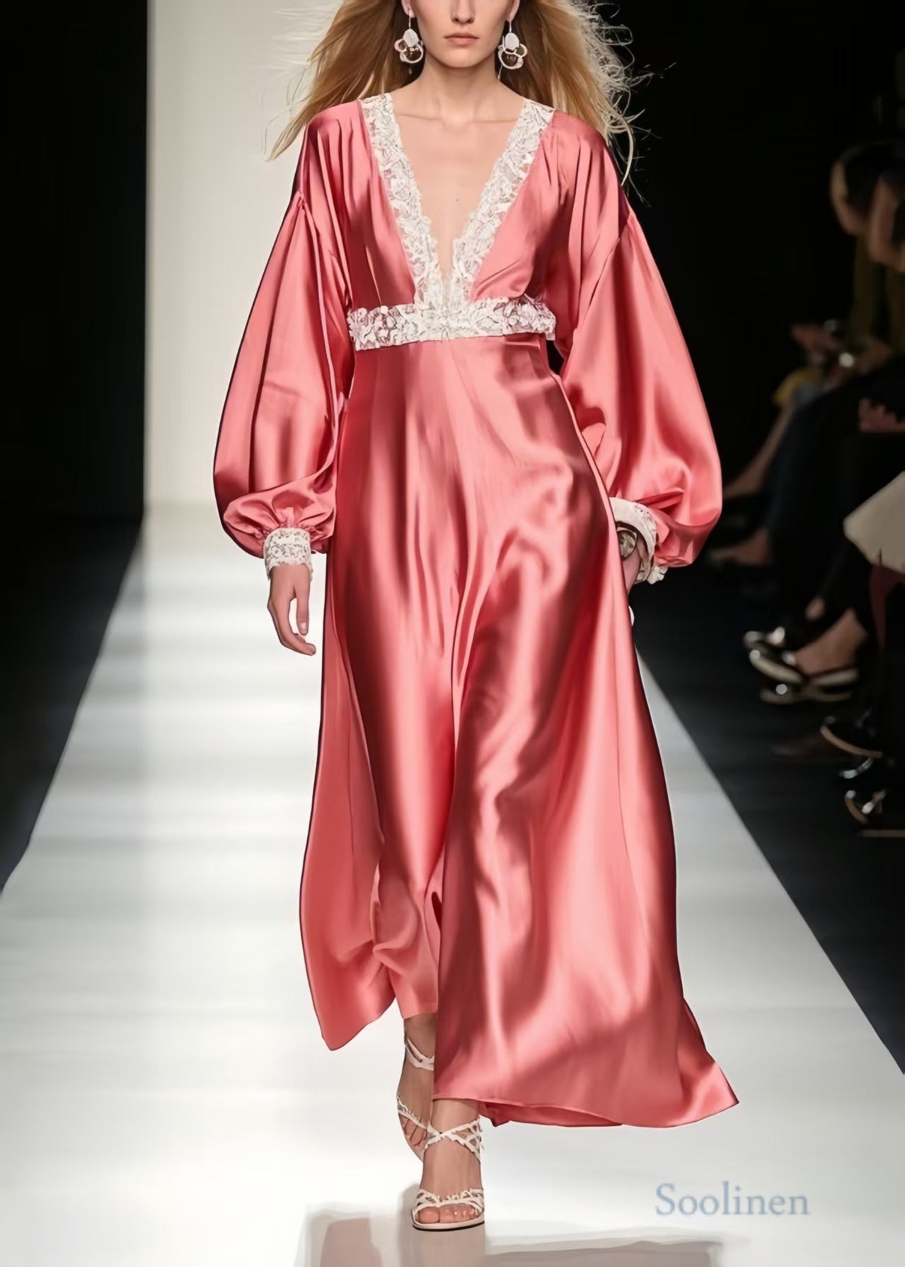 Style Brick Red V Neck Patchwork Lace Long Dress Lantern Sleeve