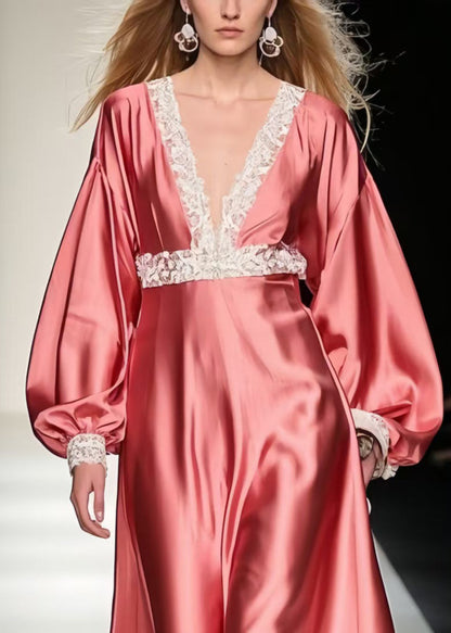 Style Brick Red V Neck Patchwork Lace Long Dress Lantern Sleeve