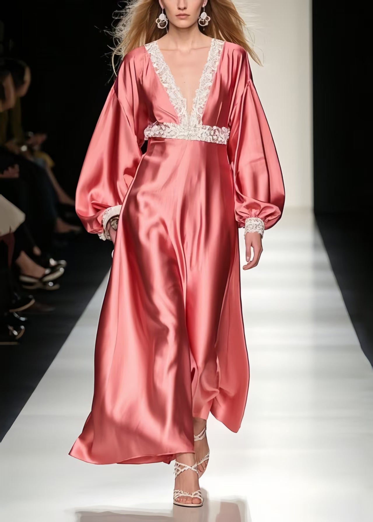 Style Brick Red V Neck Patchwork Lace Long Dress Lantern Sleeve