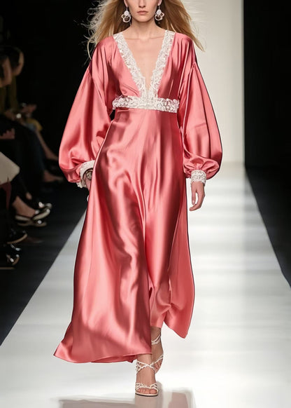 Style Brick Red V Neck Patchwork Lace Long Dress Lantern Sleeve