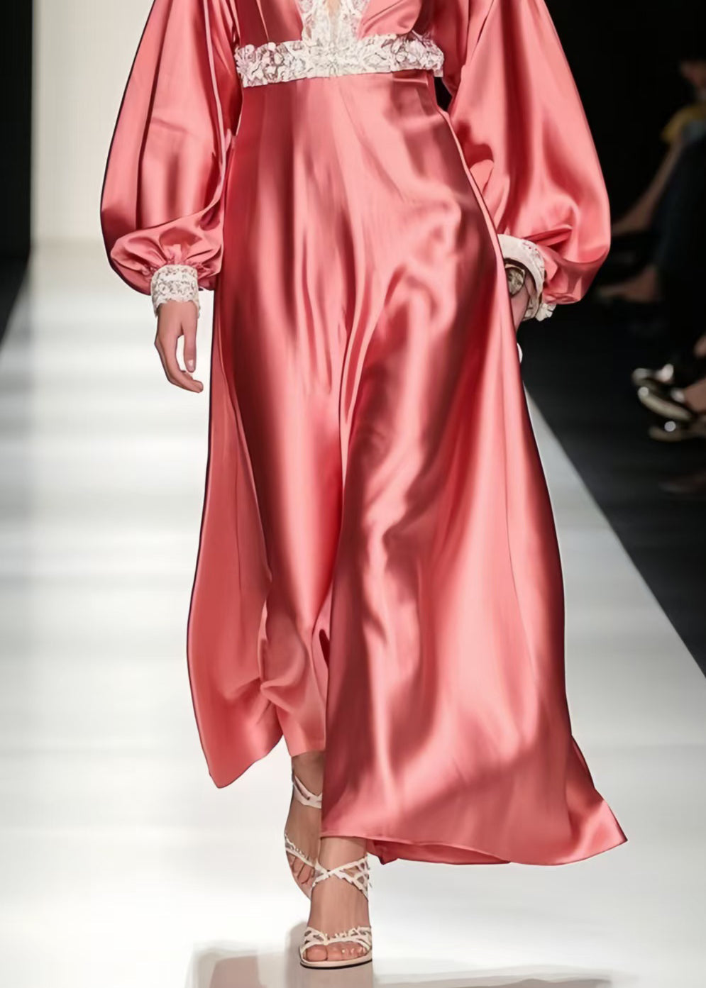 Style Brick Red V Neck Patchwork Lace Long Dress Lantern Sleeve