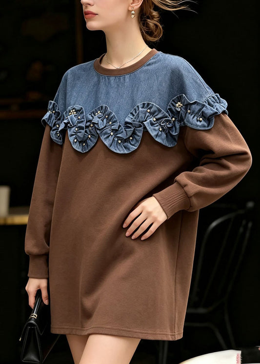 Style Brown O Neck Denim Ruffled Patchwork Cotton T Shirt Fall