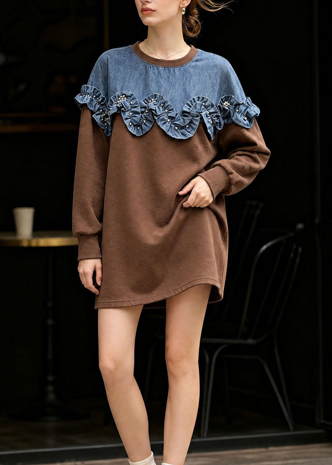 Style Brown O Neck Denim Ruffled Patchwork Cotton T Shirt Fall