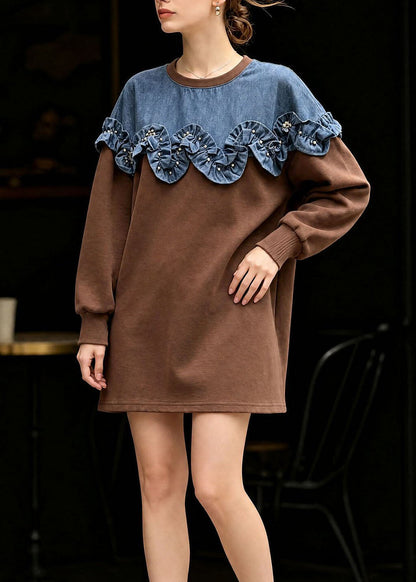 Style Brown O Neck Denim Ruffled Patchwork Cotton T Shirt Fall