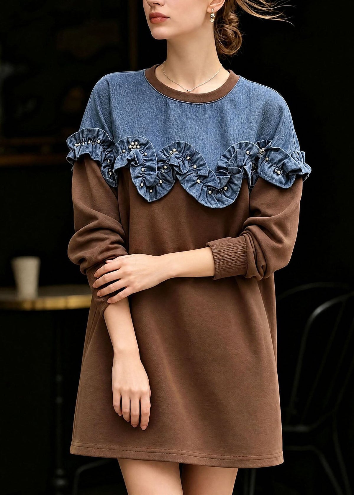 Style Brown O Neck Denim Ruffled Patchwork Cotton T Shirt Fall