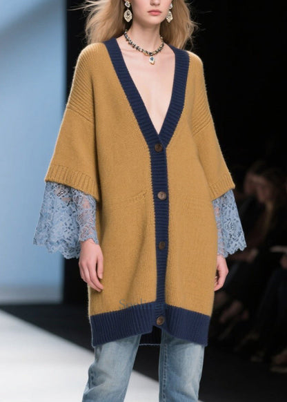 Style Brown Oversized Patchwork Lace Knit Long Cardigan Winter