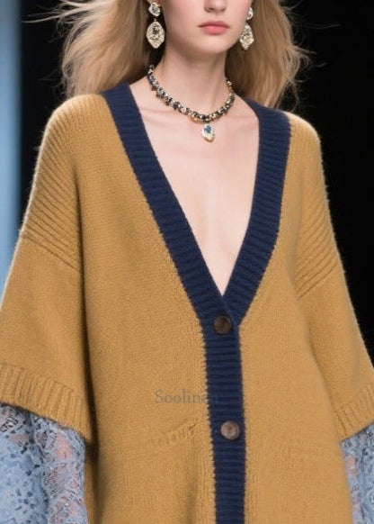 Style Brown Oversized Patchwork Lace Knit Long Cardigan Winter