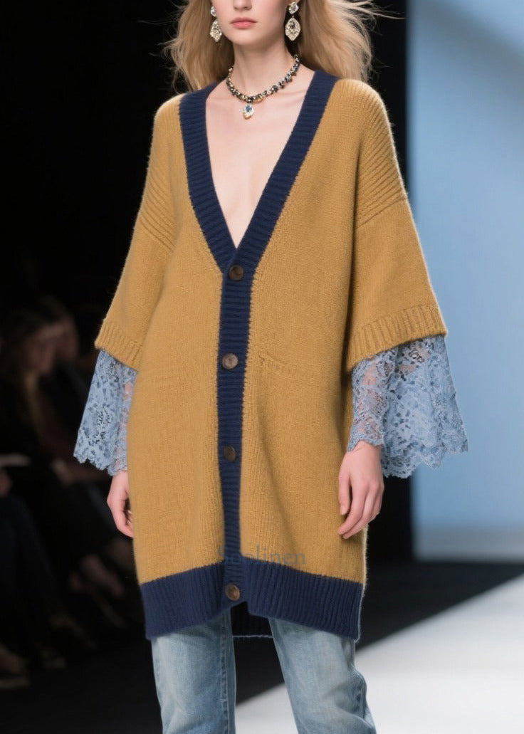 Style Brown Oversized Patchwork Lace Knit Long Cardigan Winter