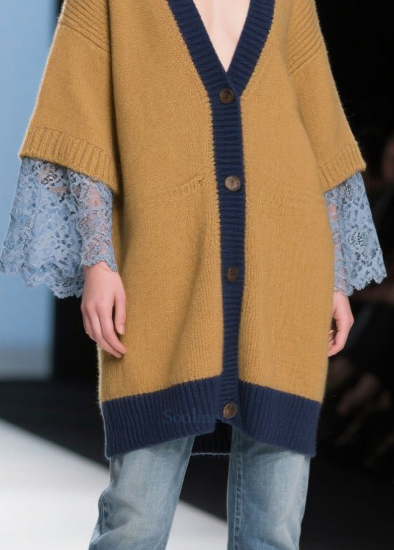 Style Brown Oversized Patchwork Lace Knit Long Cardigan Winter