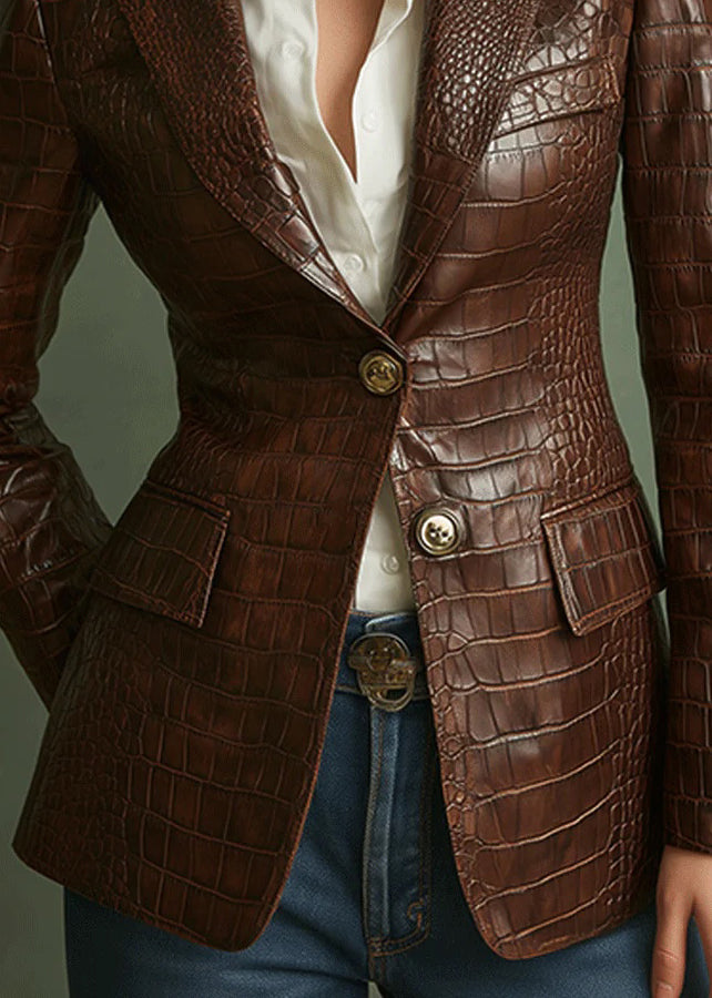 Style Brown Peter Pan Collar Button Faux Leather Coat Fall