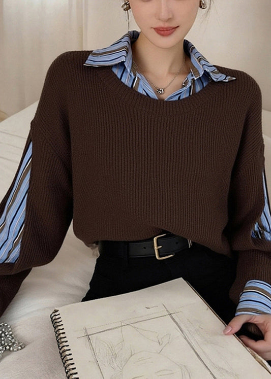 Style Brown Peter Pan Collar Patchwork Knit Fake Two Piece Shirts Winter