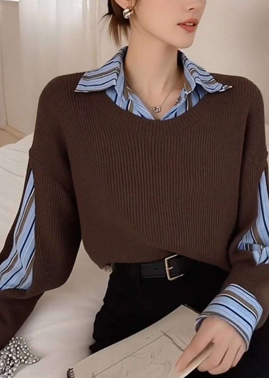 Style Brown Peter Pan Collar Patchwork Knit Fake Two Piece Shirts Winter