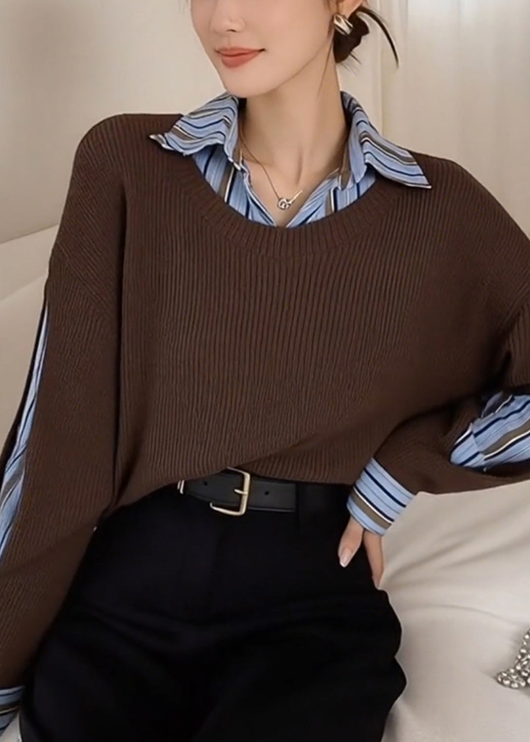 Style Brown Peter Pan Collar Patchwork Knit Fake Two Piece Shirts Winter