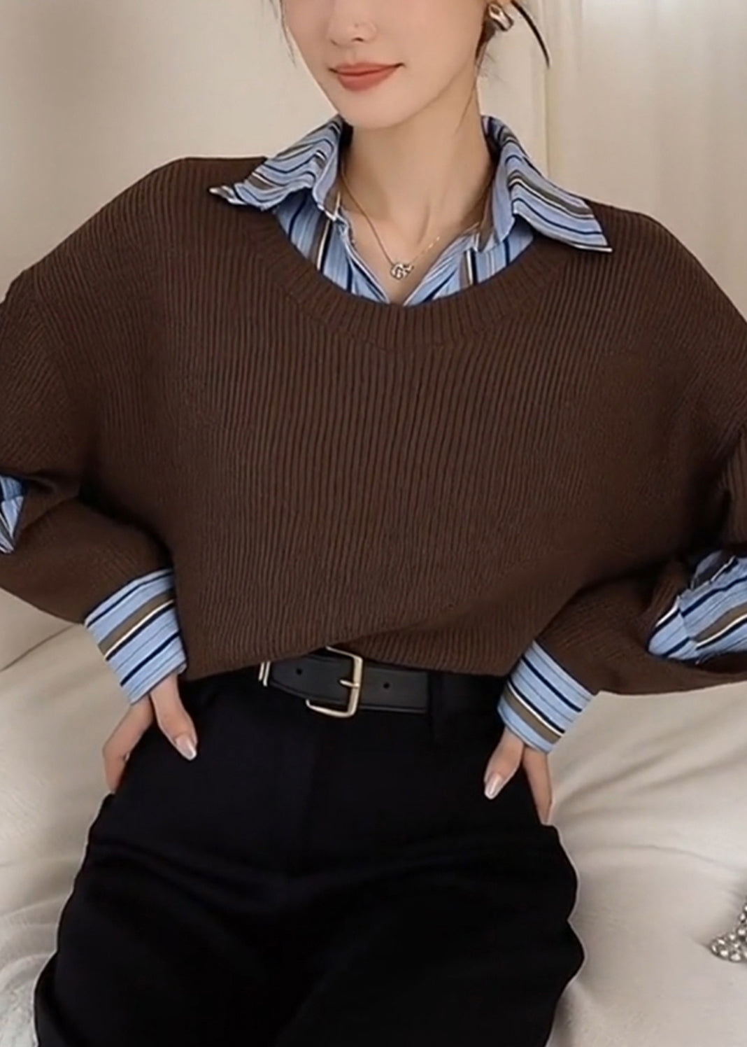 Style Brown Peter Pan Collar Patchwork Knit Fake Two Piece Shirts Winter