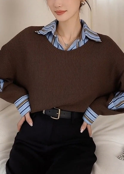 Style Brown Peter Pan Collar Patchwork Knit Fake Two Piece Shirts Winter