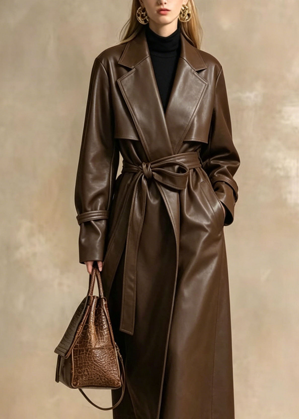 Style Brown Peter Pan Collar Pockets Lace Up Faux Leather Trench Fall