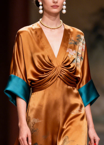 Style Brown Print Nail Bead Draping Silk Long Dress Summer