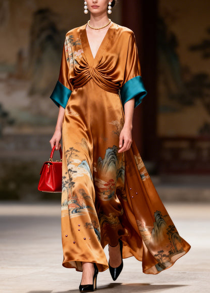Style Brown Print Nail Bead Draping Silk Long Dress Summer