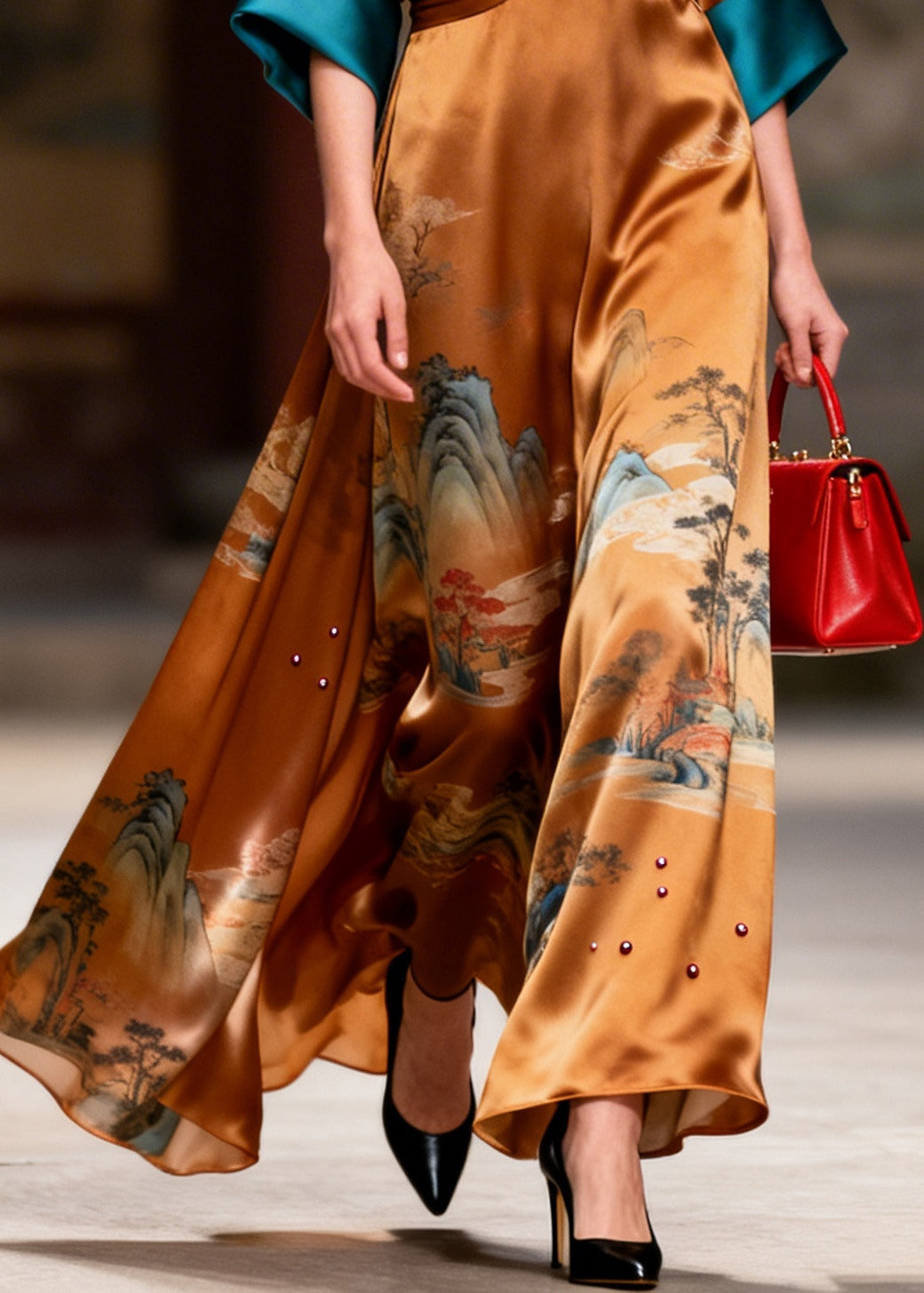 Style Brown Print Nail Bead Draping Silk Long Dress Summer