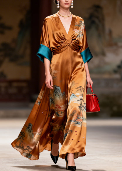 Style Brown Print Nail Bead Draping Silk Long Dress Summer