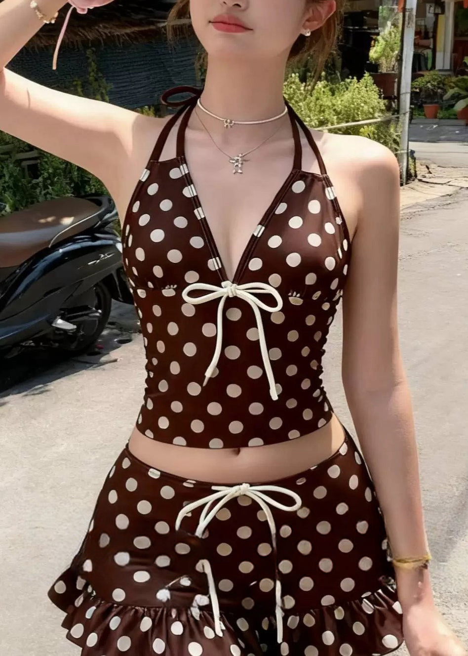 Style Brown Print Ruffled Bow Swimwear Two Piece Set