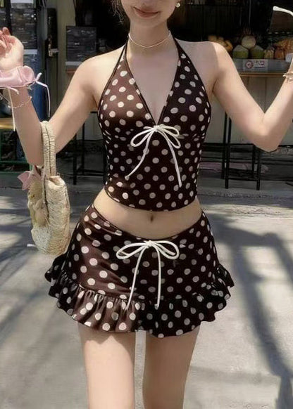 Style Brown Print Ruffled Bow Swimwear Two Piece Set