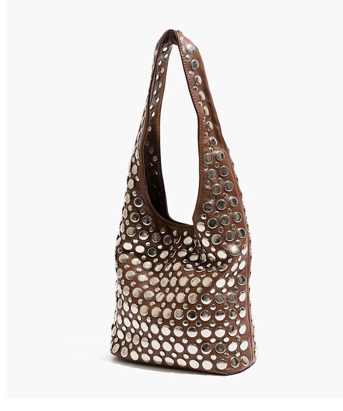 Style Brown Rivet Faux Leather Durable Shoulder Bag