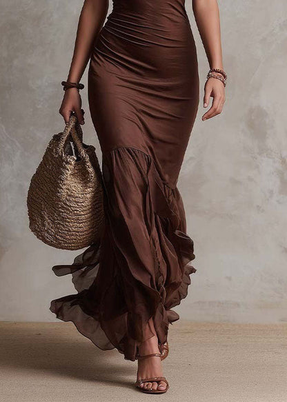 Style Brown Ruffled Cotton Wraped Dresses Sleeveless