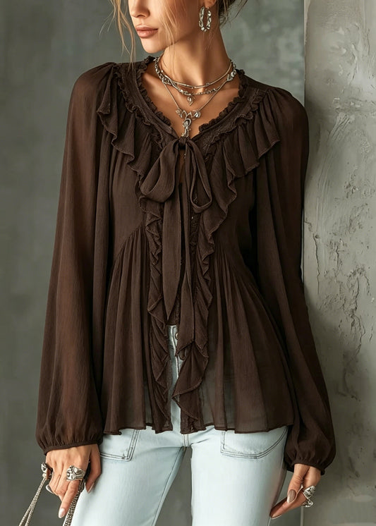 Style Brown Ruffled Patchwork Cotton Shirt Tops Long Sleeve