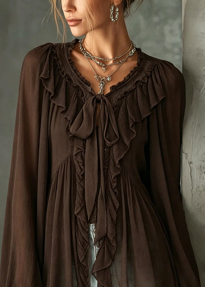 Style Brown Ruffled Patchwork Cotton Shirt Tops Long Sleeve