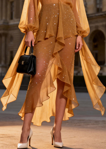 Style Brown Ruffled Rhinestone Chiffon Long Dress Summer