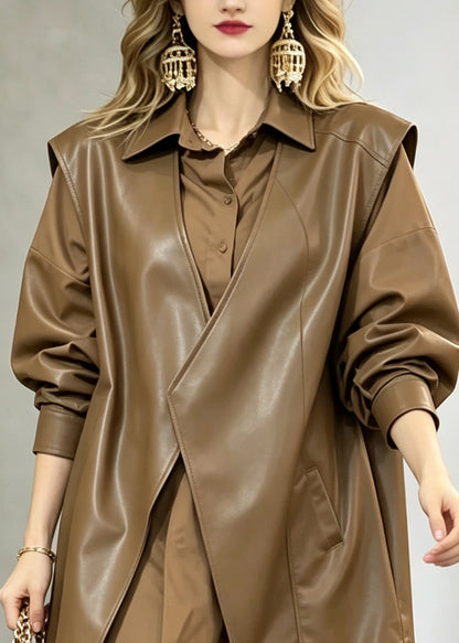 Style Brown V Neck Asymmetrical Pockets Patchwork Faux Leather Waistcoat Fall