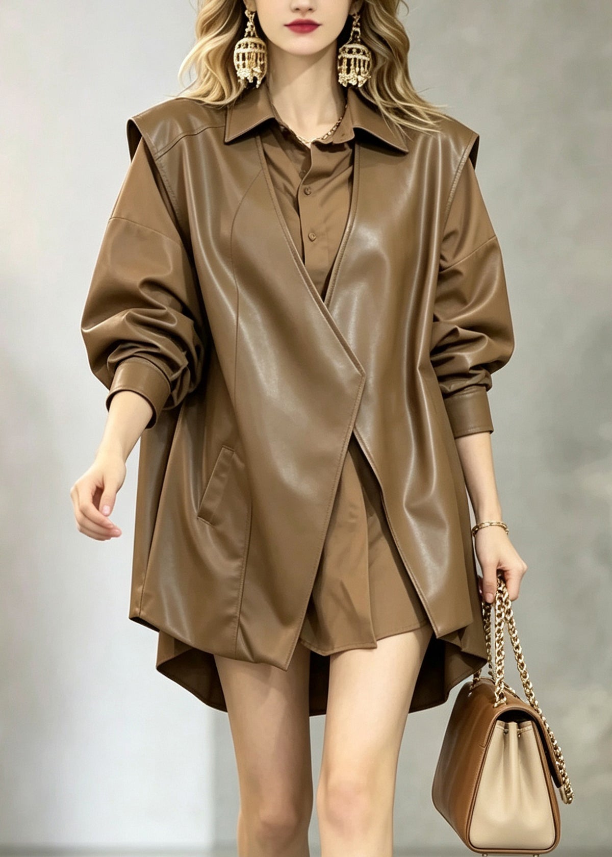 Style Brown V Neck Asymmetrical Pockets Patchwork Faux Leather Waistcoat Fall