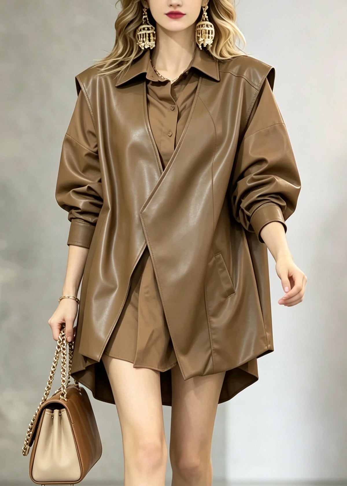 Style Brown V Neck Asymmetrical Pockets Patchwork Faux Leather Waistcoat Fall