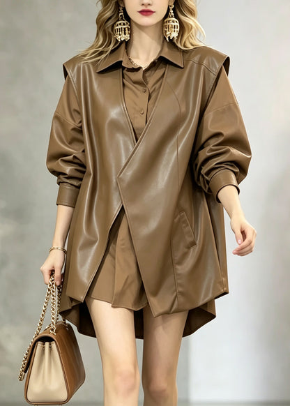 Style Brown V Neck Asymmetrical Pockets Patchwork Faux Leather Waistcoat Fall