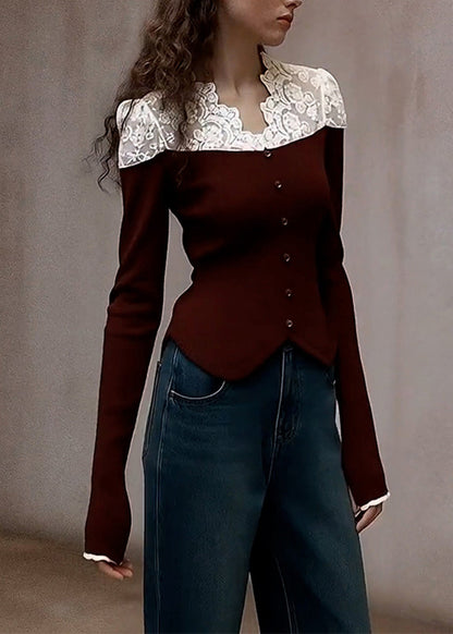 Style Brown V Neck Patchwork Lace Knit Shirts Winter