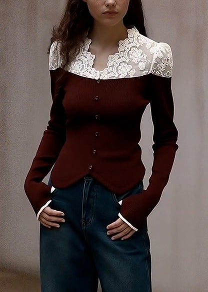 Style Brown V Neck Patchwork Lace Knit Shirts Winter